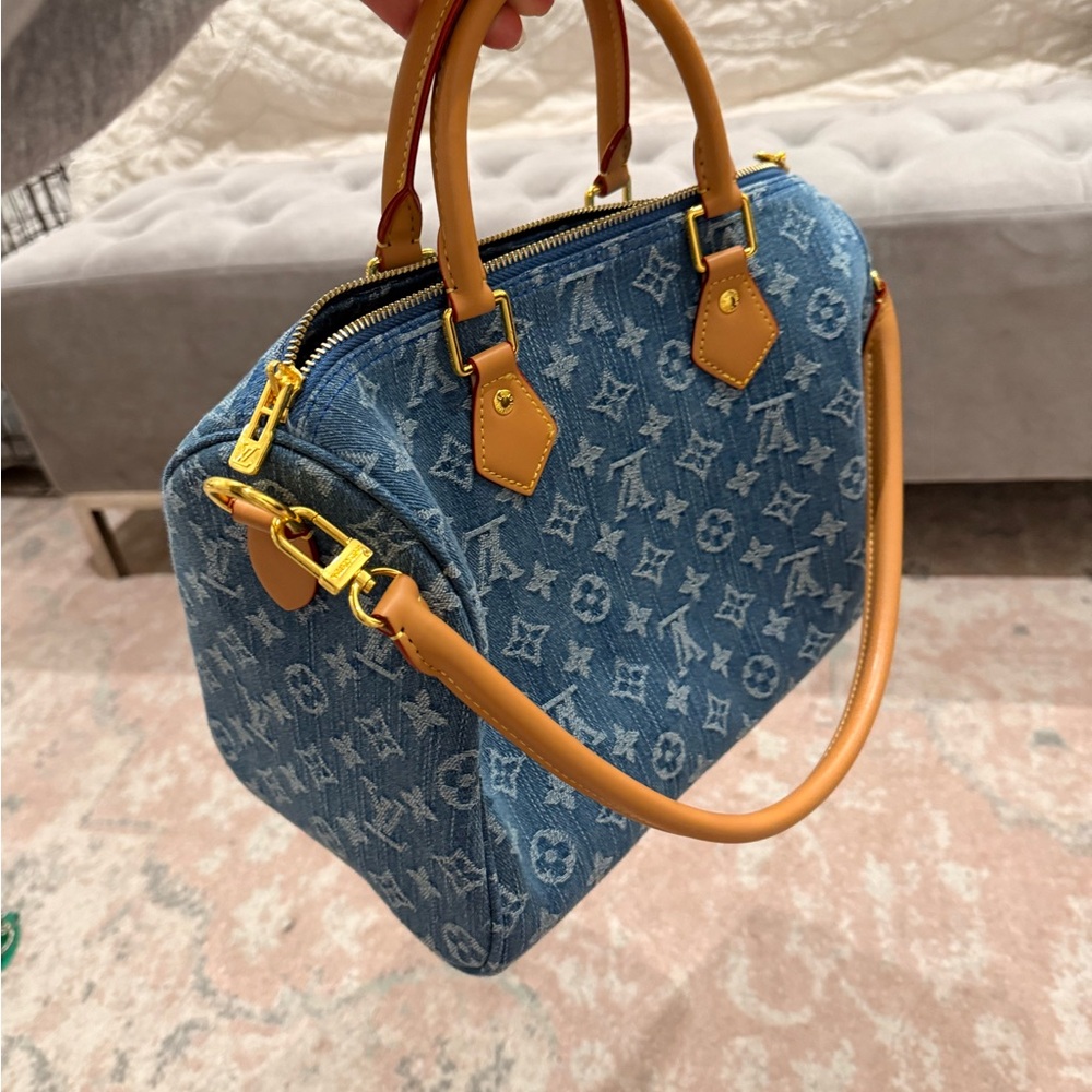 Louis Vuitton Blue Monogram Satchel with Tan Accents